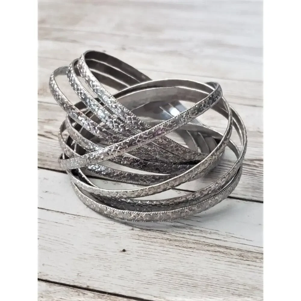 Vintage Bracelets / Bangles - Interlocking Patterned Silver Tone - Statement